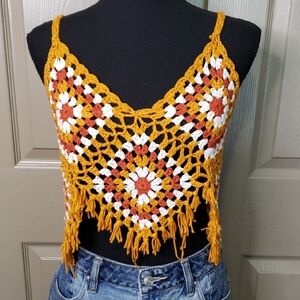 VIVID Handmade Crochet Granny Square Fringe Top Multicolor Size Medium